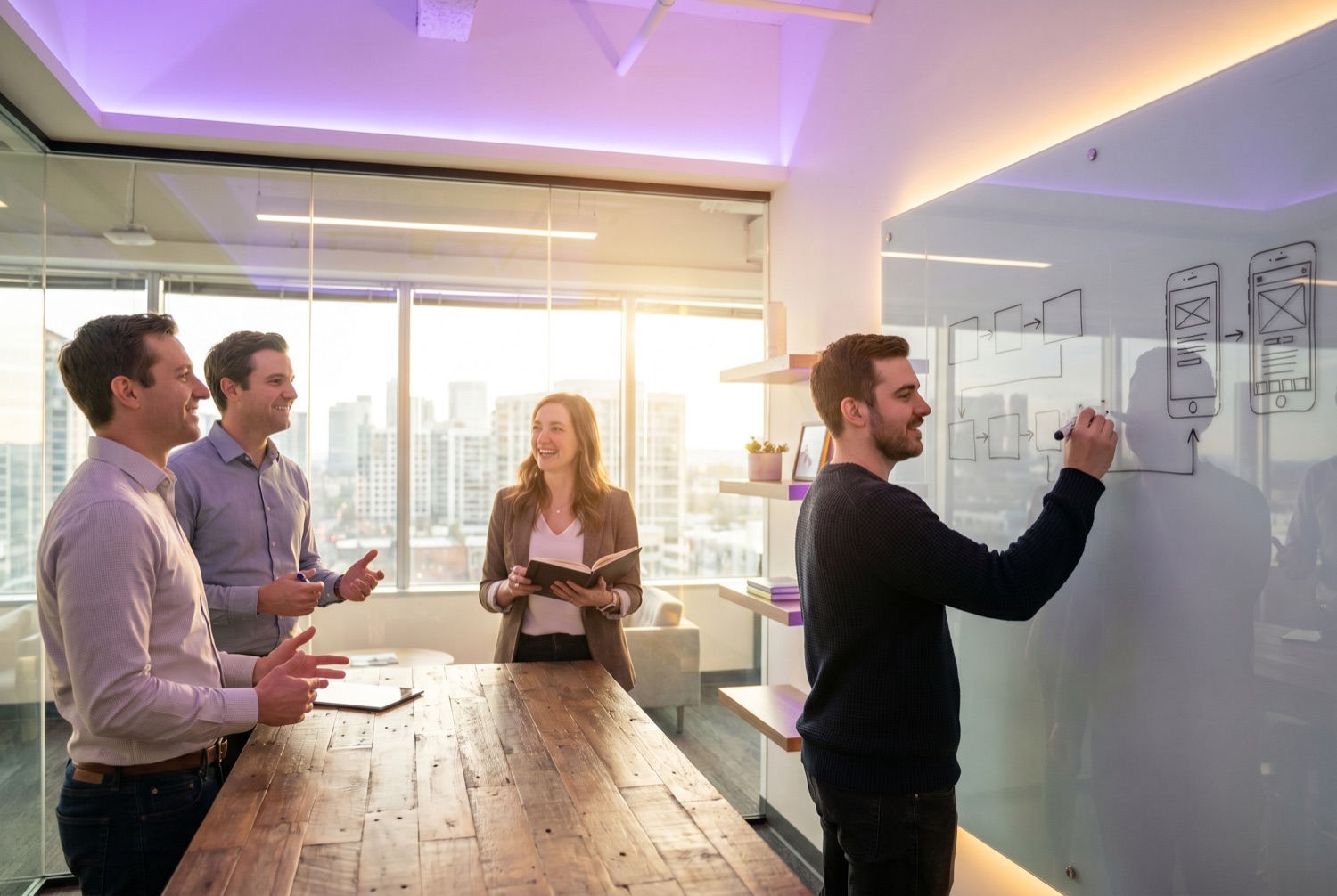 A team of clients presenting their idea while a Nexveil engineer maps the build on a whiteboard